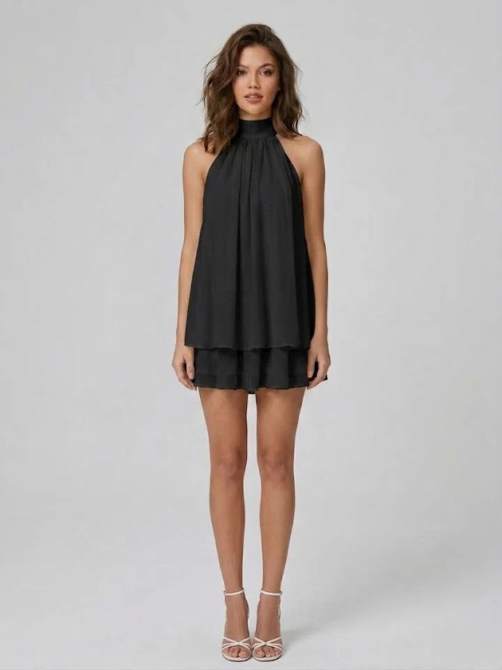 Robe courte Soléa à col halter et volants étagés