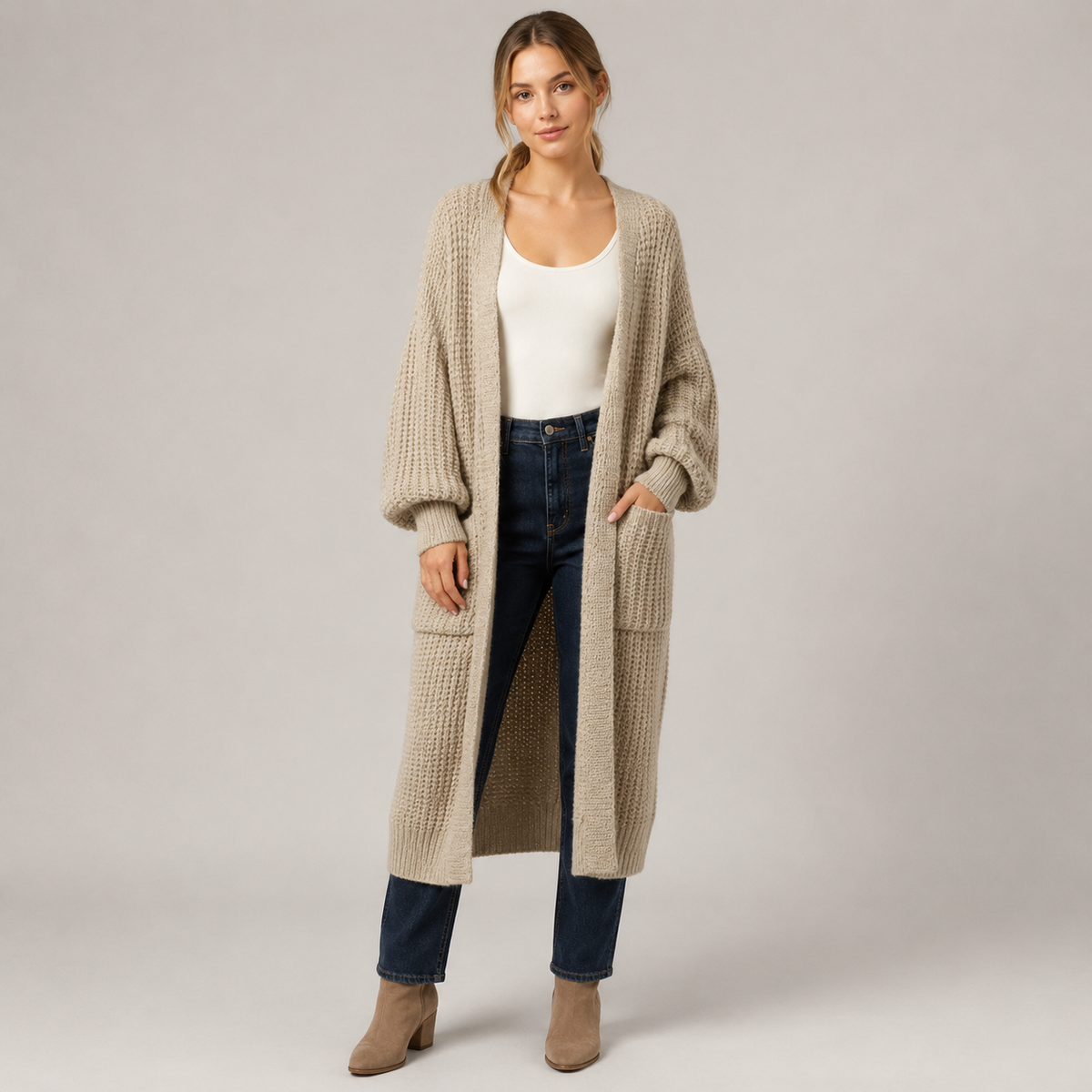 Gilet long en maille ouverte sur le devant