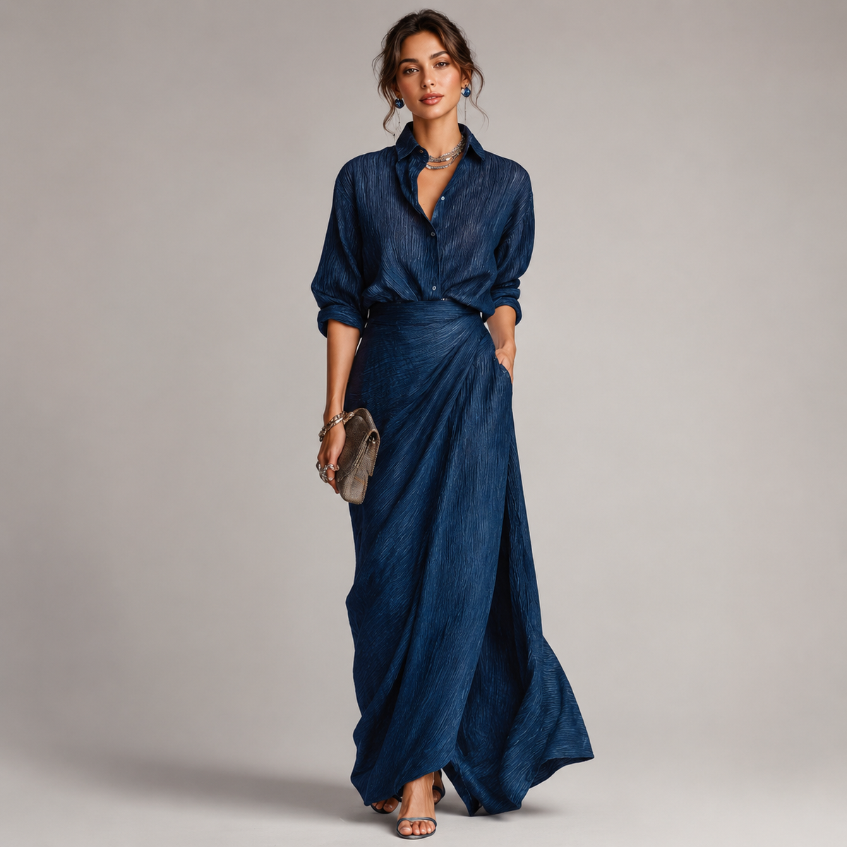 Robe longue bleue cache-cœur