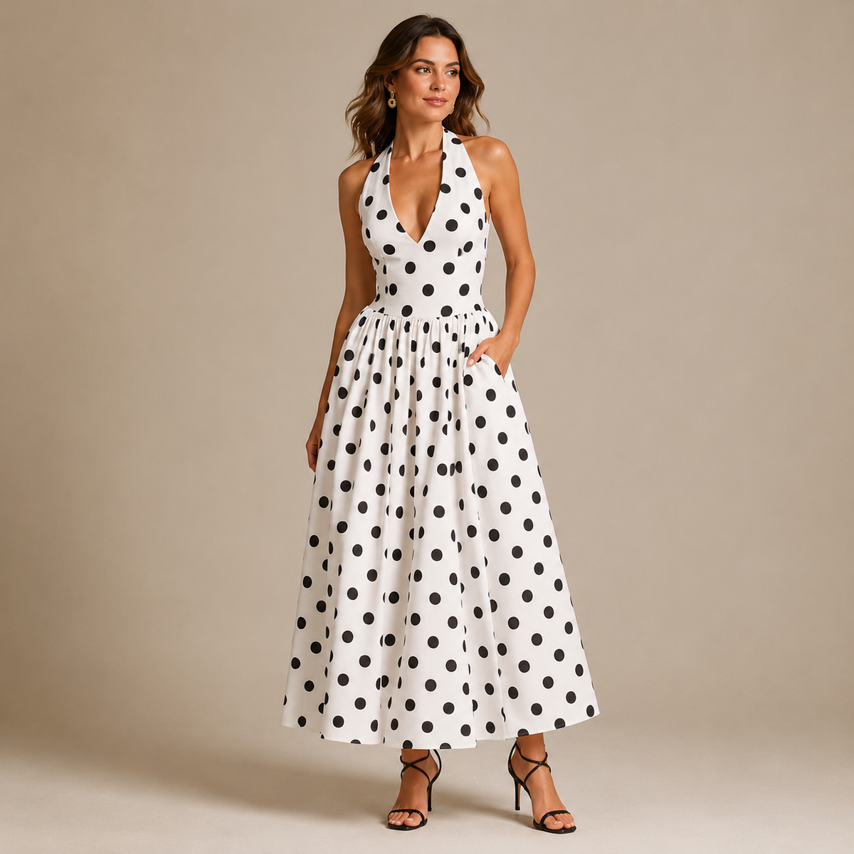 Robe longue à pois et encolure américaine Éloise Halter