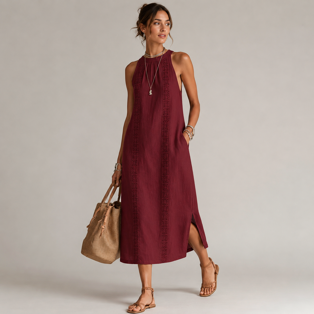 Robe midi à col mandarin brodé