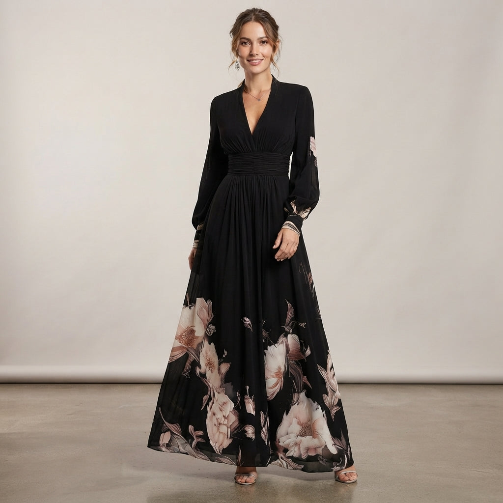 Robe longue Isabelle à manches transparentes et imprimé floral