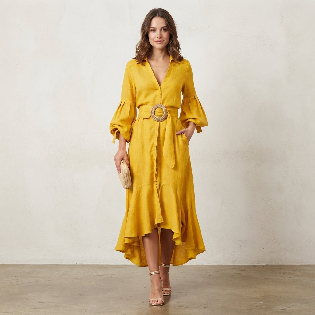 Robe midi évasée à col en V et ceinture
