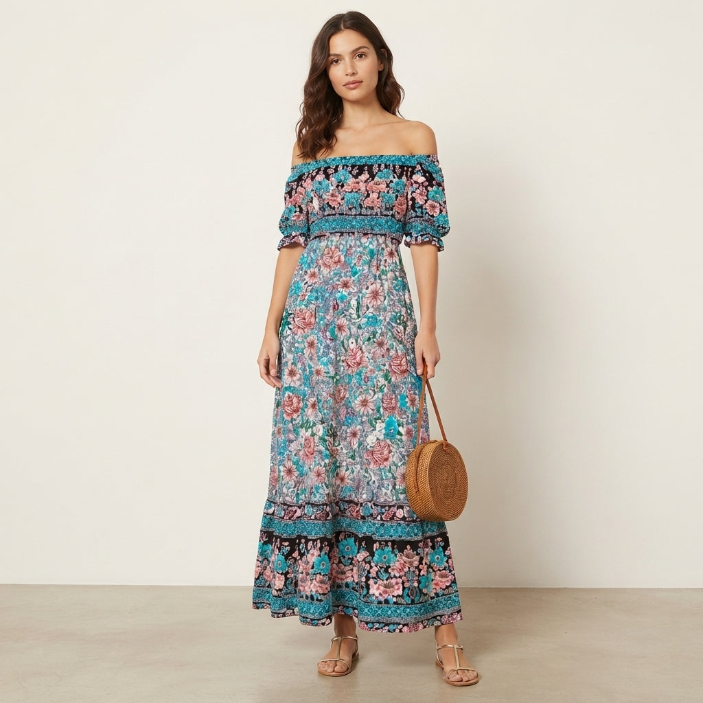Robe longue bohème à fleurs et épaules dénudées