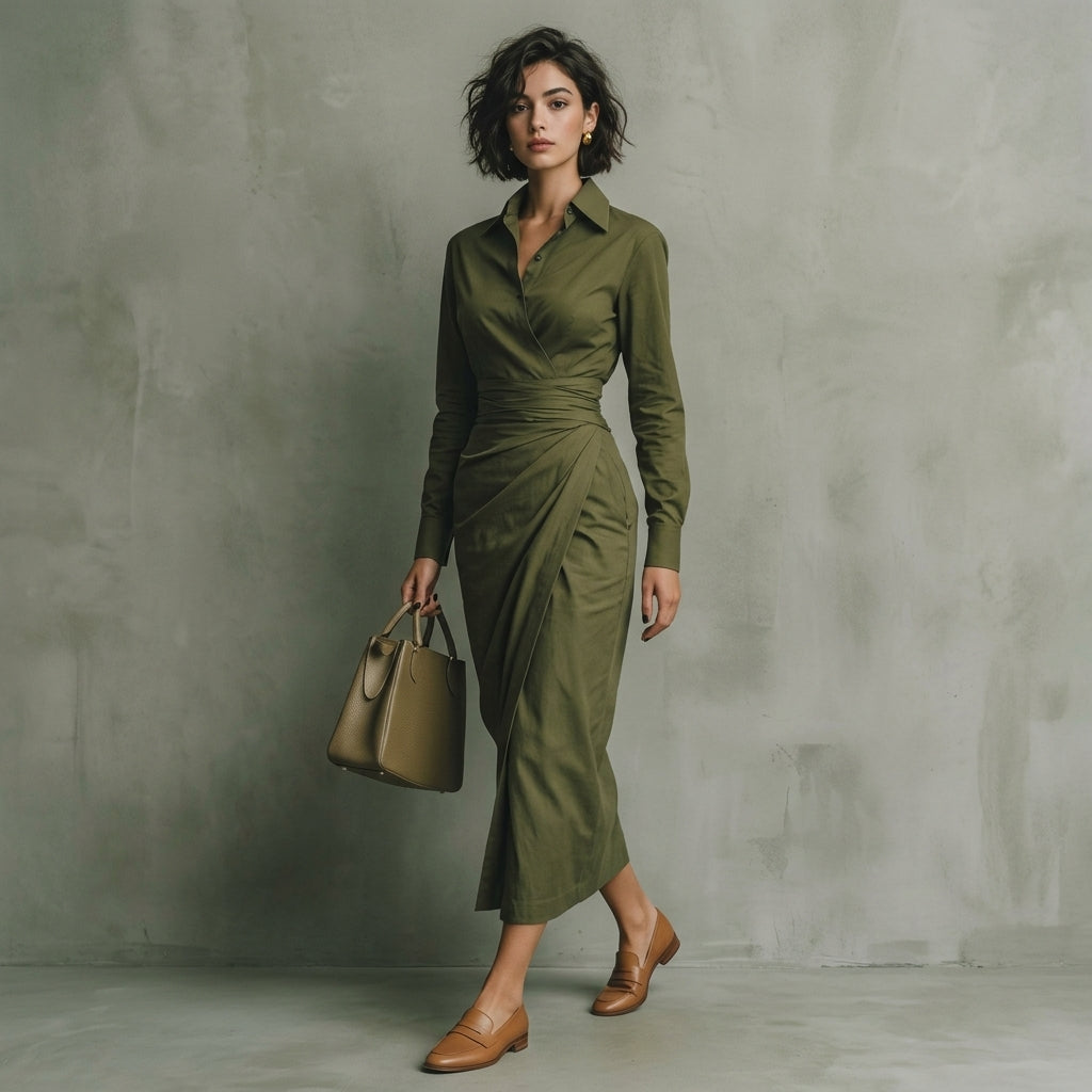 Robe midi portefeuille verte Satinelle
