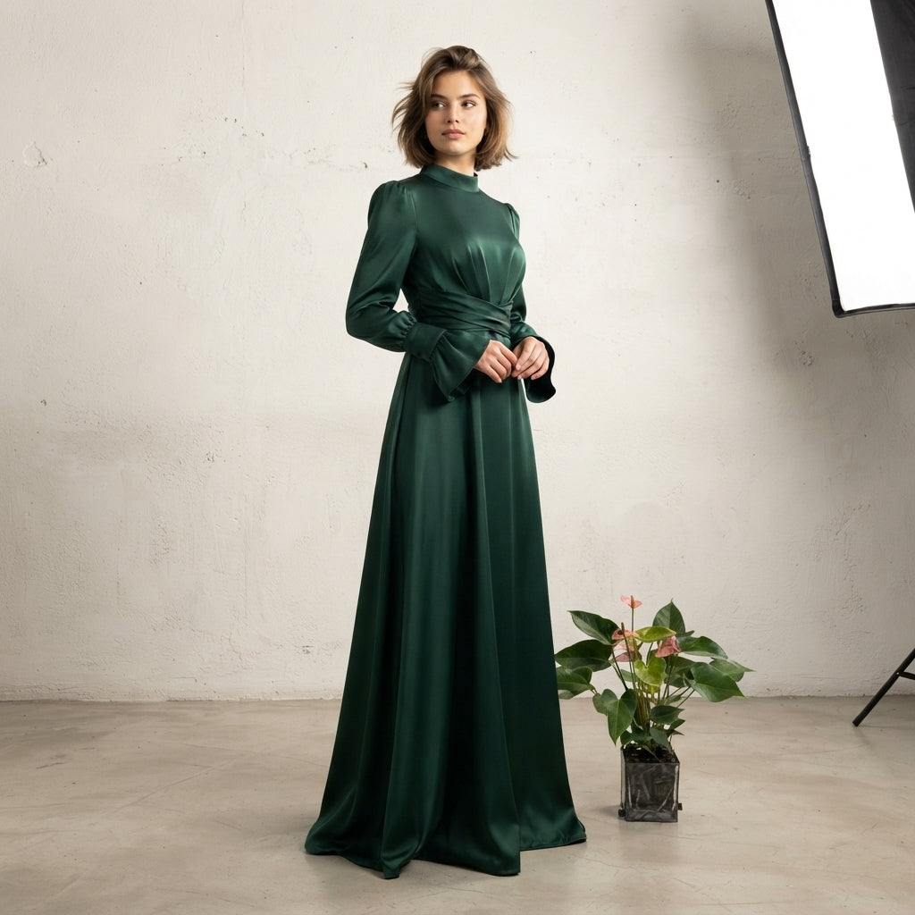 Robe longue en satin à manches bouffantes