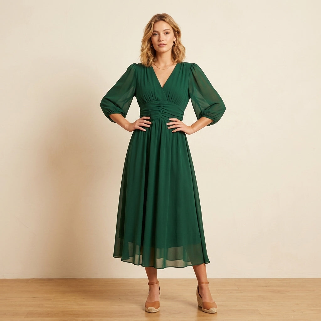 Robe midi en mousseline froncée