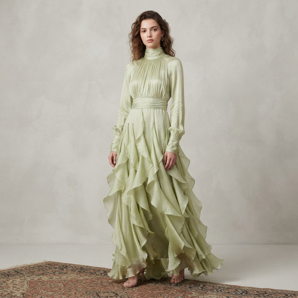 Robe longue rose à volants