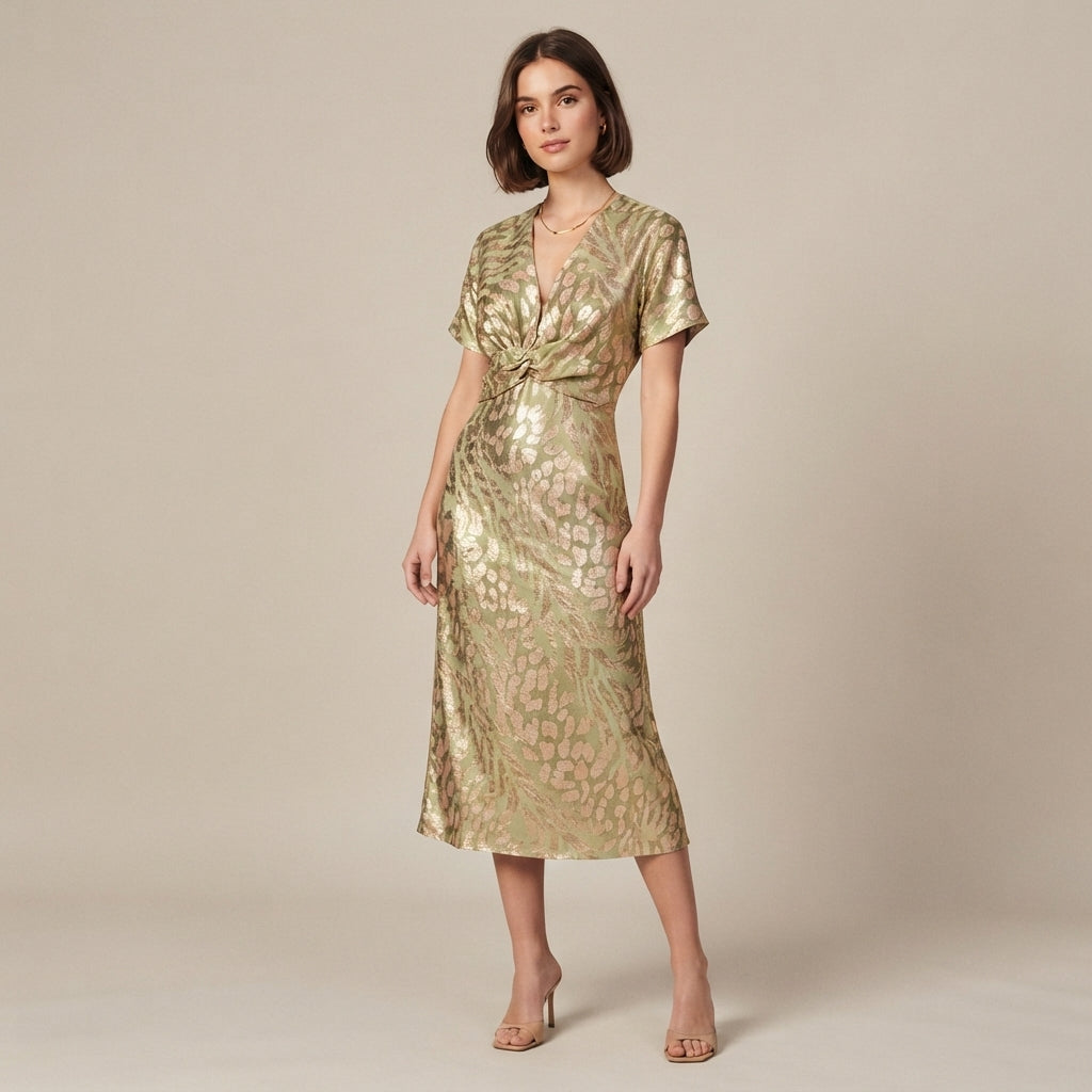 Robe midi à col en V et nœud torsadé