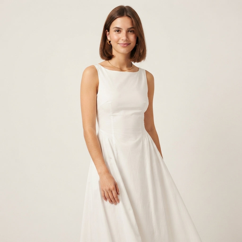 Robe midi rouge plissée à col bateau