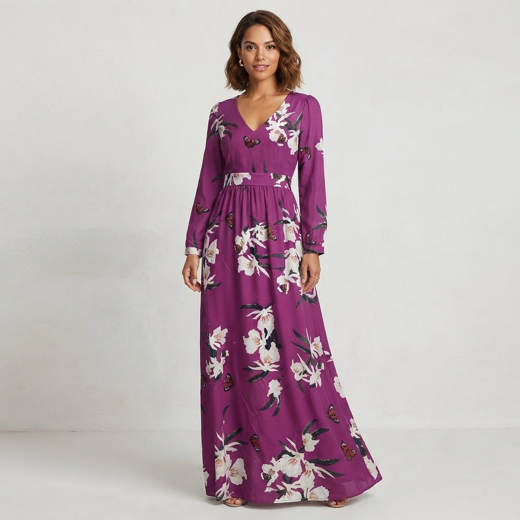 Robe longue violette à fleurs et col en V