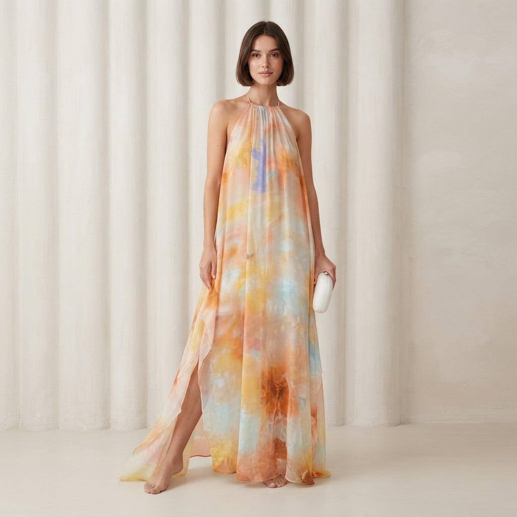 Robe maxi bohème dos nu à bretelles