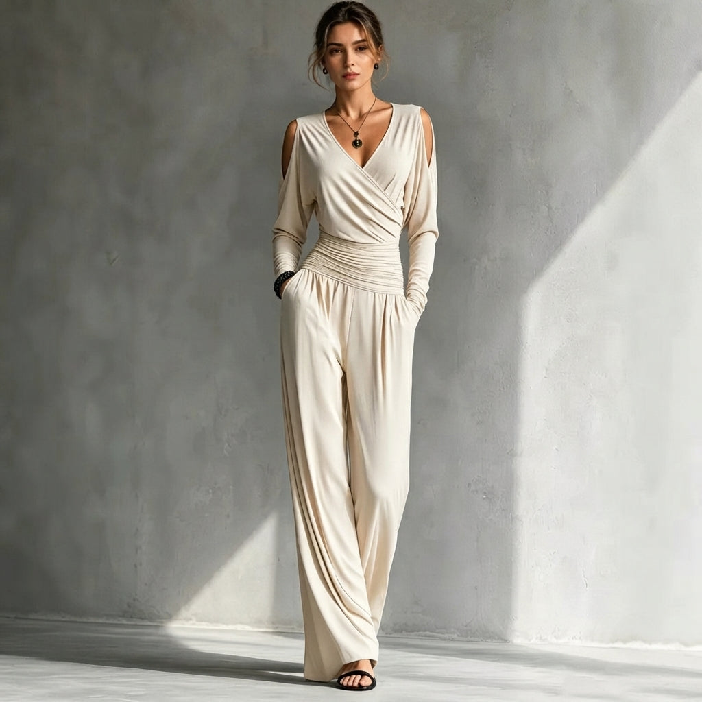 Combinaison Elise à col en V et jambes larges