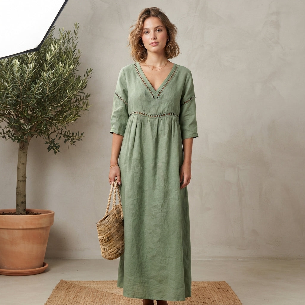 Robe midi en coton à col en V