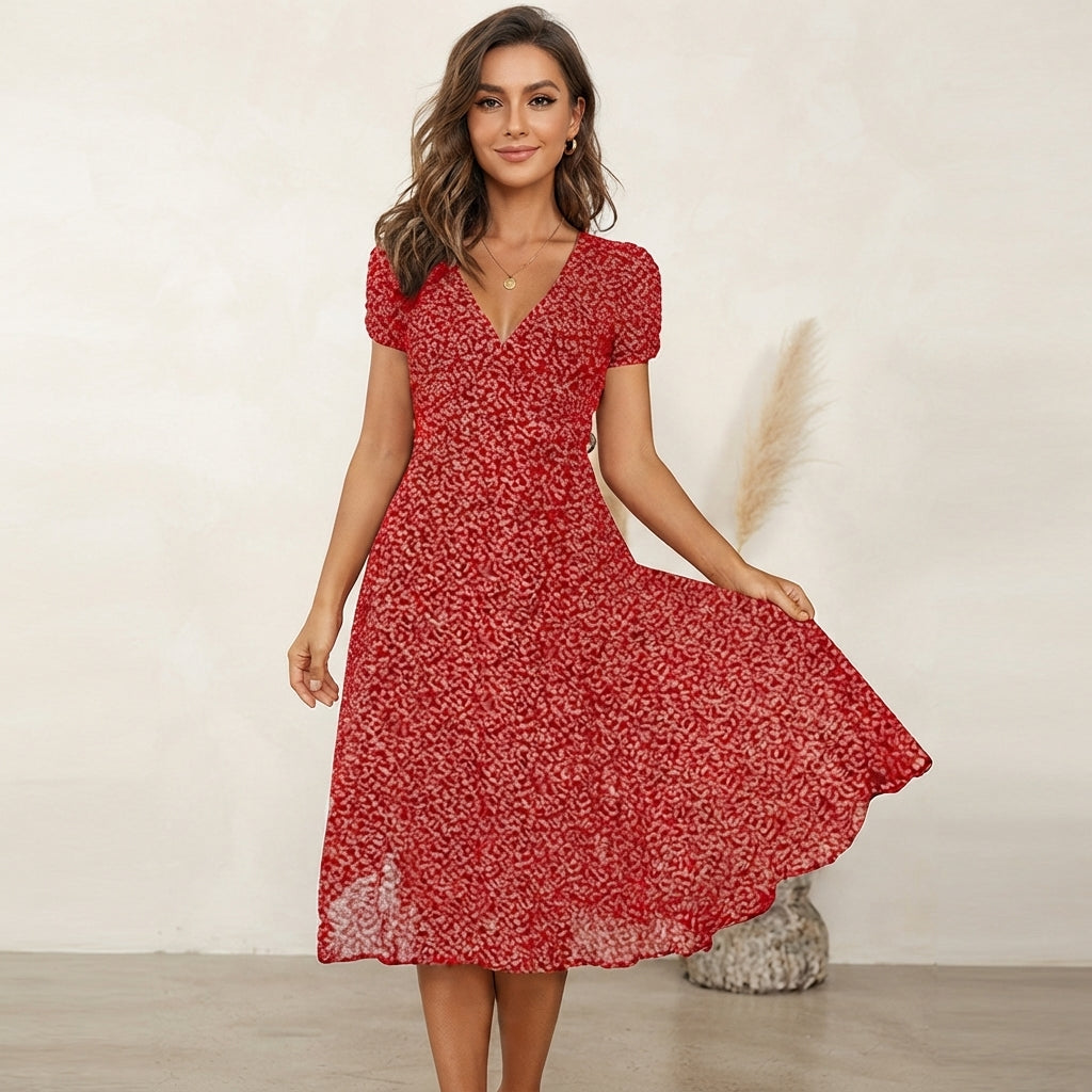 Robe midi fluide à col en V et coupe trapèze