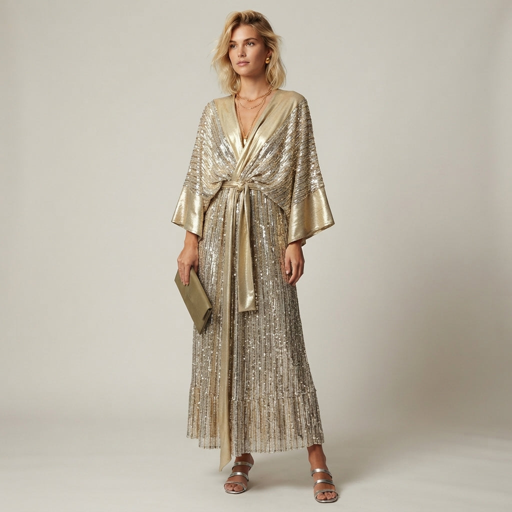 Robe kimono maxi métallisée ceinturée