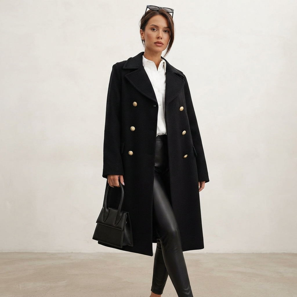 Manteau long en laine à boutons sur le devant