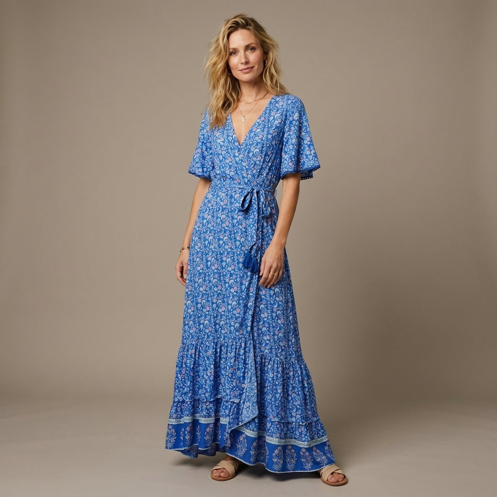 Robe longue bohème turquoise à fleurs