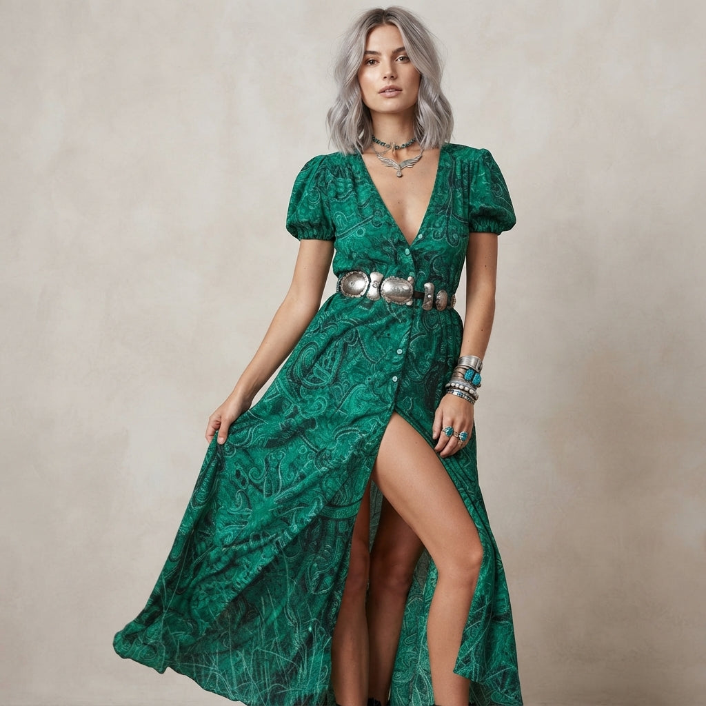 Robe longue fendue à motif cachemire
