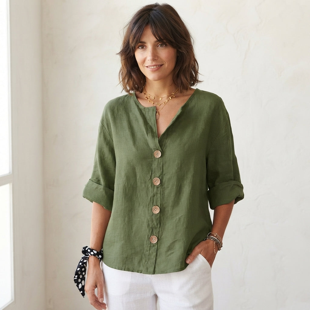Blouse en lin à col en V boutonné