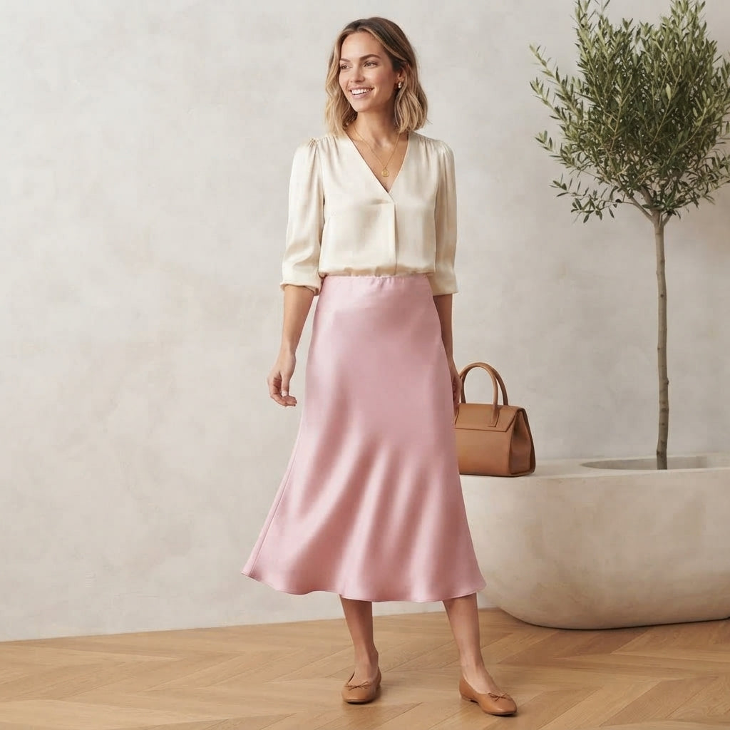 Jupe longue en satin beige