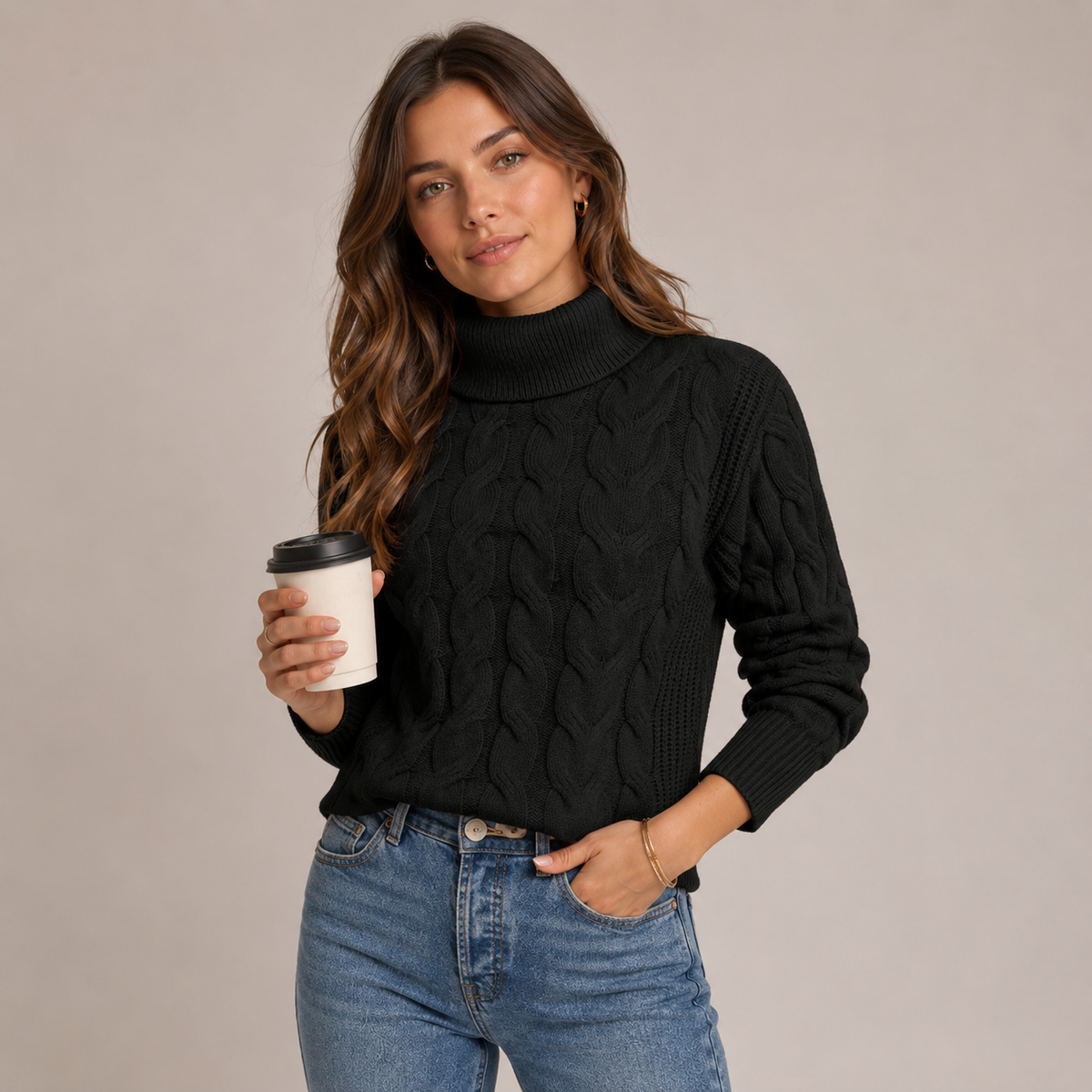 Pull à col roulé en maille torsadée