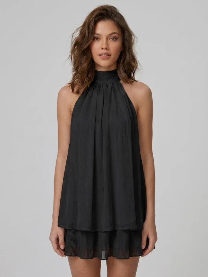 Soléa short halter neck dress with tiered ruffles