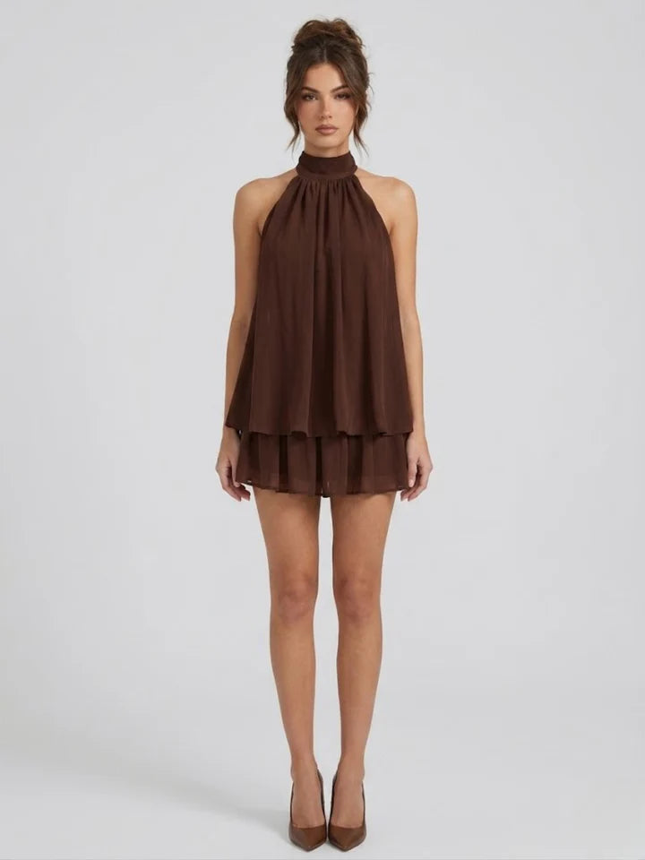 Soléa short halter neck dress with tiered ruffles