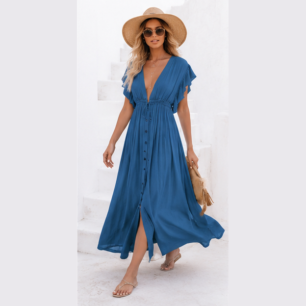 Robe longue bohème à col en V