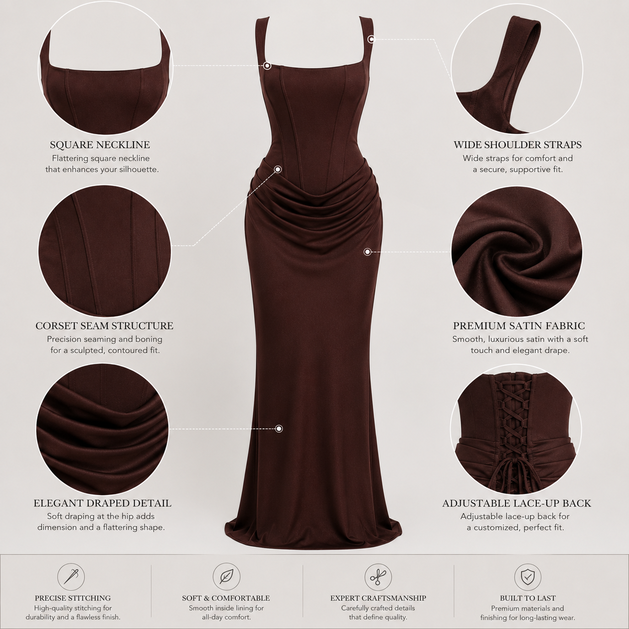 Women's long corset-style dress with adjustable straps and draped skirt