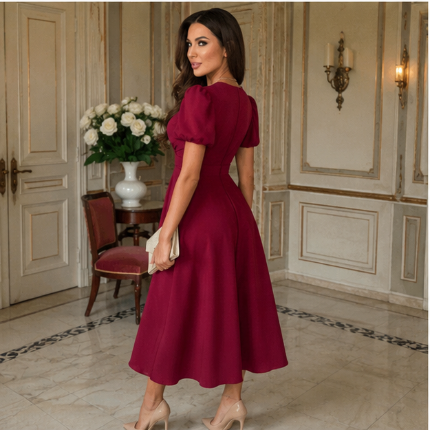 Robe midi portefeuille à manches bouffantes