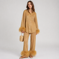 Feather-trimmed trouser set