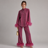 Feather-trimmed trouser set