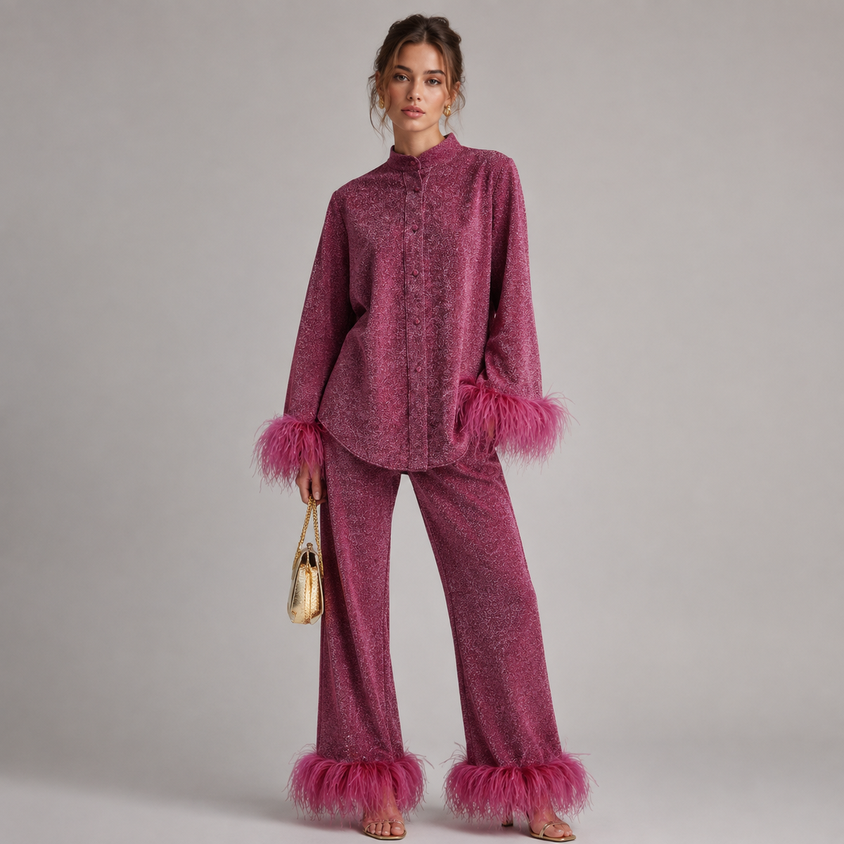 Ensemble pantalon à bordure de plumes