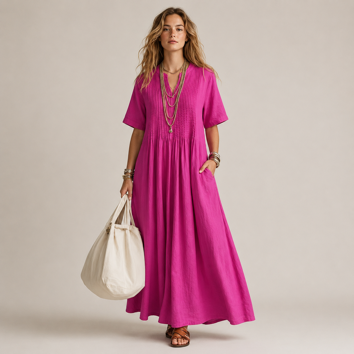 Robe longue en coton à col V
