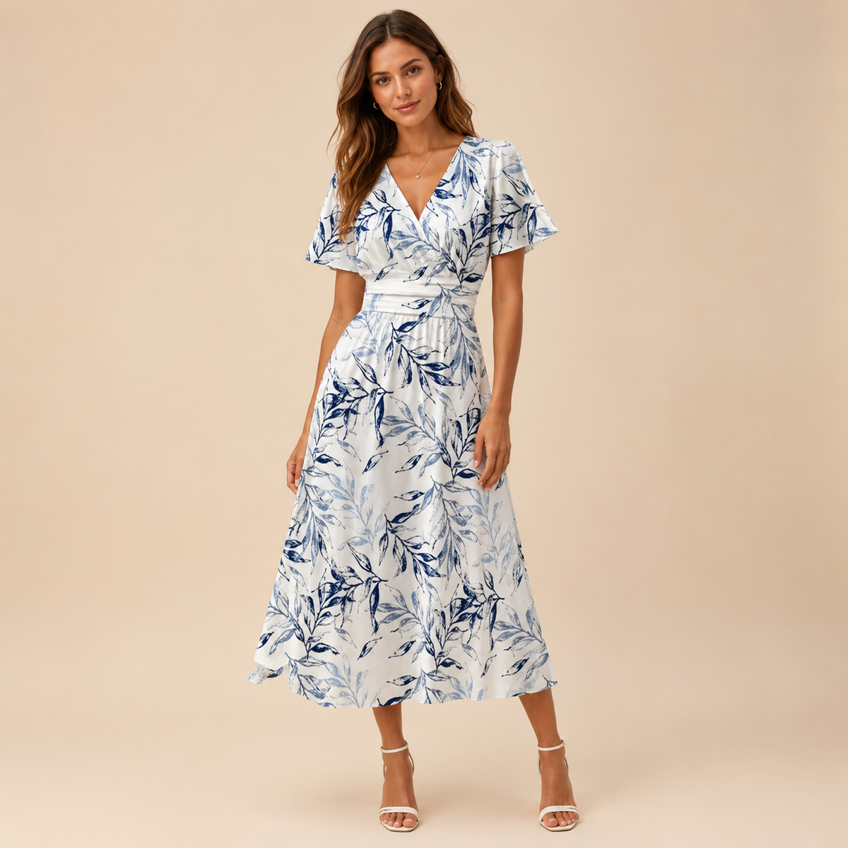 Robe midi à col en V fleurie