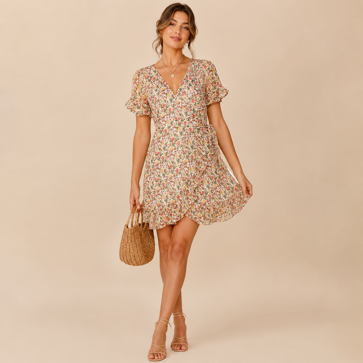 Robe courte portefeuille verte à fleurs