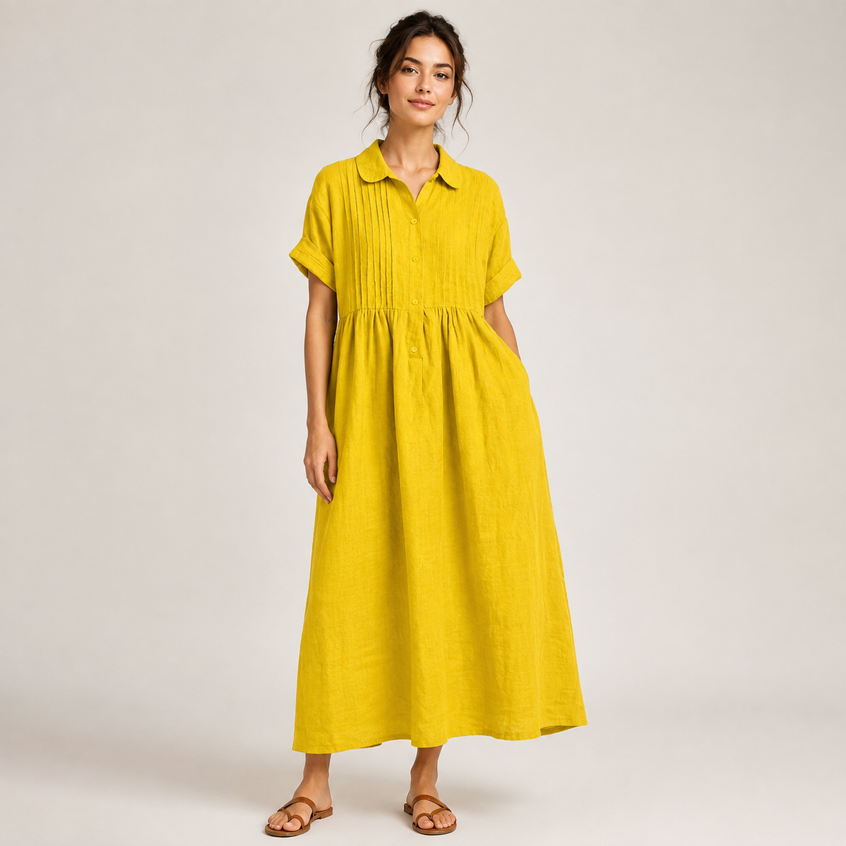 Robe chemise maxi plissée en coton