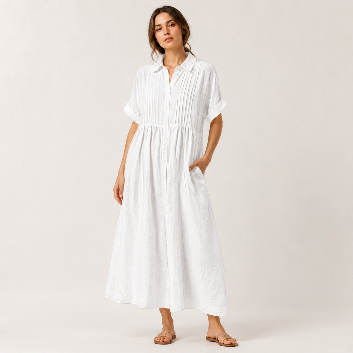 Robe chemise maxi plissée en coton