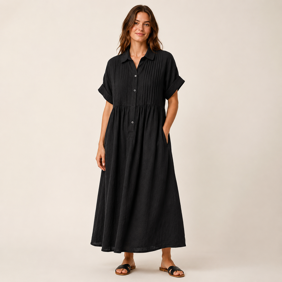 Robe chemise maxi plissée en coton
