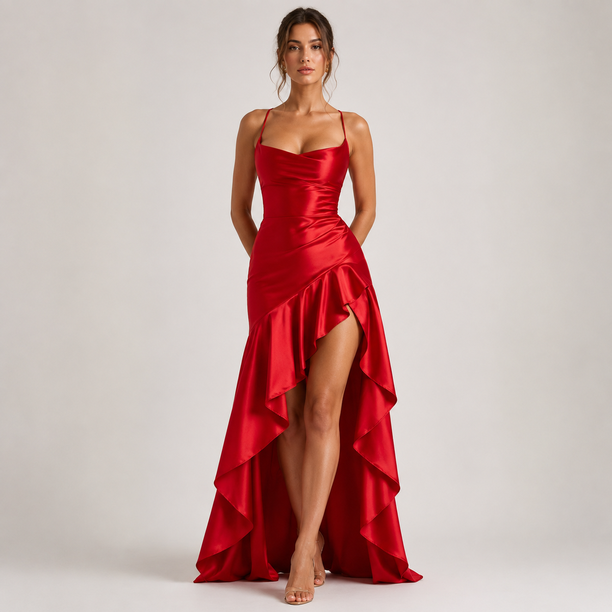 Draped satin maxi dress with slit