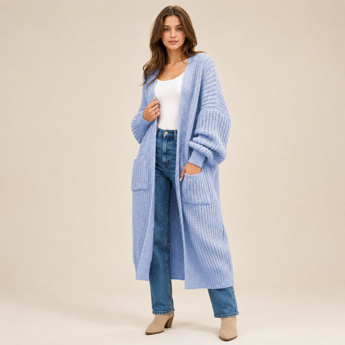 Gilet long en maille ouverte sur le devant