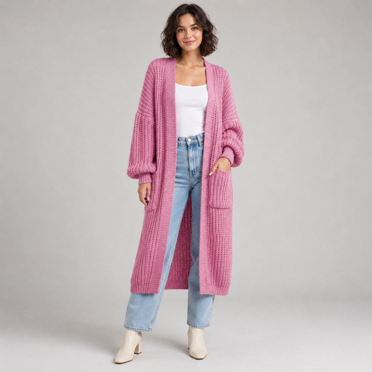 Gilet long en maille ouverte sur le devant
