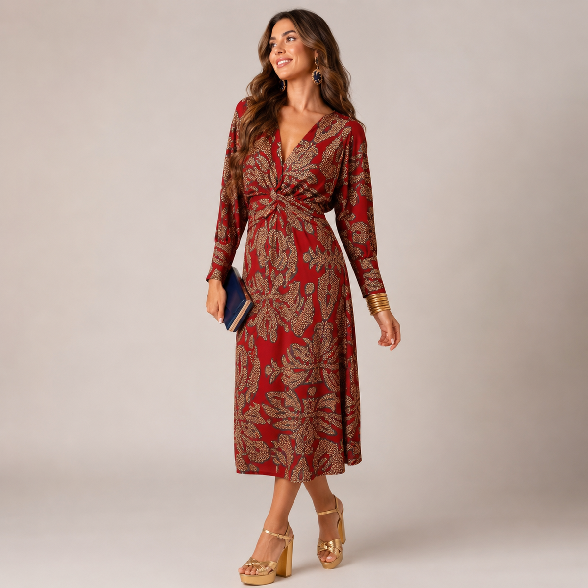 Long dress with twisted waist and V-neck