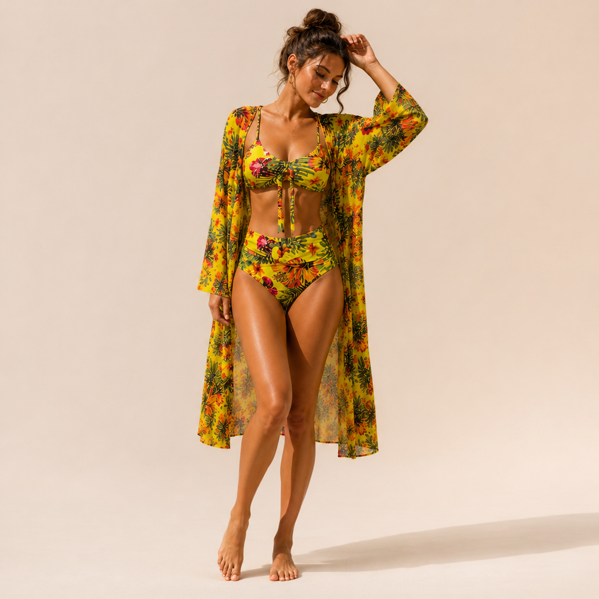 Ensemble bikini tropical taille haute