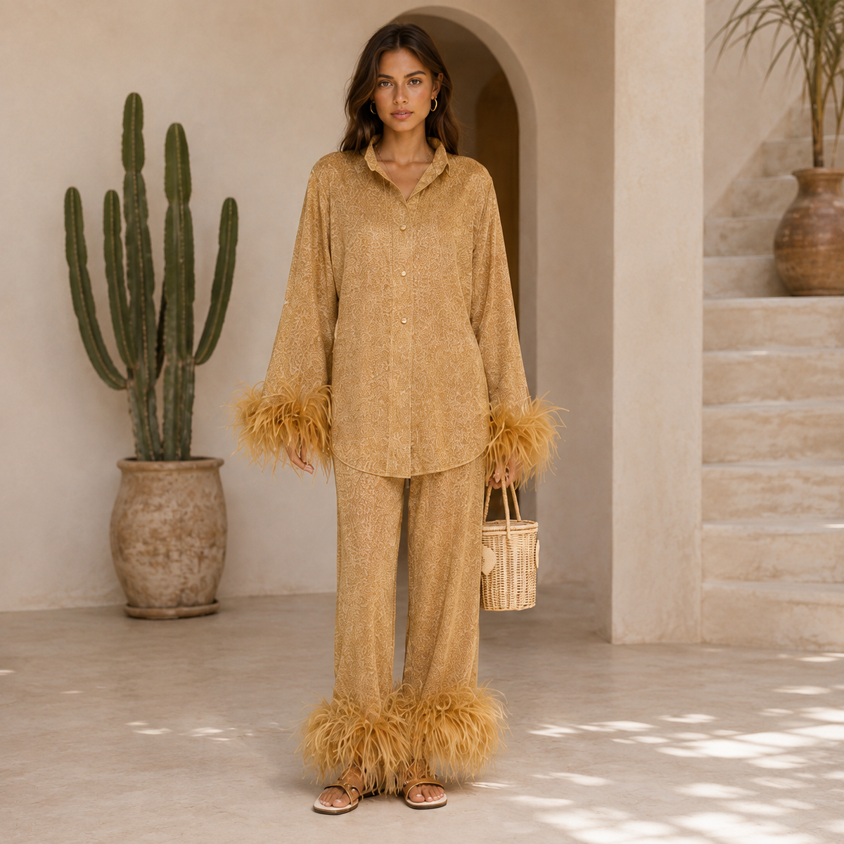 Ensemble pantalon à bordure de plumes