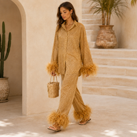 Feather-trimmed trouser set