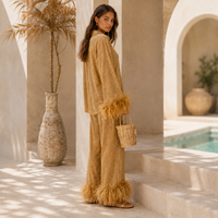 Feather-trimmed trouser set