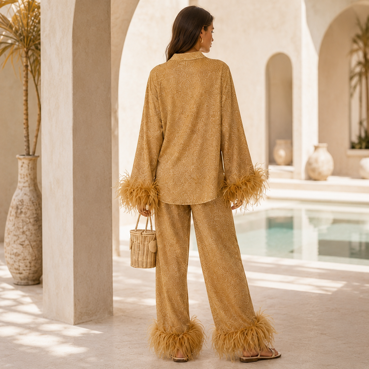 Ensemble pantalon à bordure de plumes