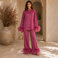 Feather-trimmed trouser set